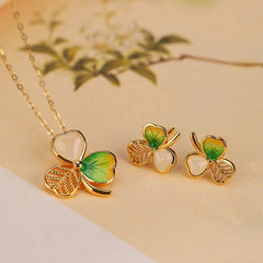 925 Sterling Silver Plated Gold Hetian Jade Luck Shamrock Clover Necklace Pendant and Earrings Set