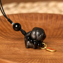Silver Sheen Obsidian Puppy Dog and Fu Character Protection Necklace and Phone Hanging Decoration