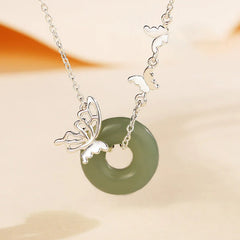 925 Sterling Silver Natural Jade Peace Buckle Butterfly Luck Prosperity Bracelet Necklace Pendant