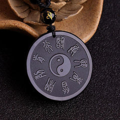 Renbeads Natural Black Obsidian Taoism Five Sacred Mountains Nine-Character Mantra Carved Strength Yin Yang Necklace Pendant Key Chain