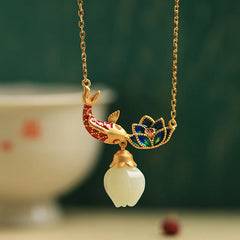 925 Sterling Silver White Jade Koi Fish Lotus Protection Necklace Pendant