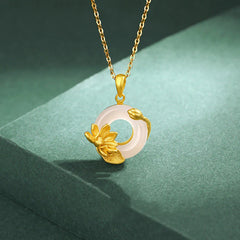 Natural White Chalcedony Peace Buckle Lotus Pendant 925 Sterling Silver Necklace