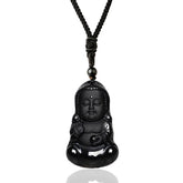 Renbeads Natural Black Obsidian Crystal Buddha Strength Protection Amulet Lucky Charm Pendant Necklace