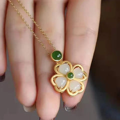 925 Sterling Silver Lucky Four Leaf Clover Jade Prosperity Necklace Pendant