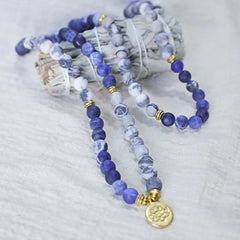 108 Natural Picasso Jasper & Blue Stone Mala Bead Lotus Pendant Bracelet