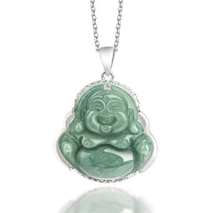 Renbeads 925 Sterling Silver Laughing Buddha Jade Abundance Necklace Chain Pendant