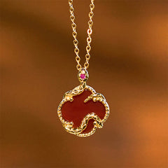 925 Sterling Silver Four Red Agate Black Onyx Leaf Clover Zodiac Blessing Necklace Pendant