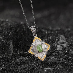 925 Sterling Silver Plated Gold Cyan Jade Rhombus Design Luck Healing Necklace Pendant