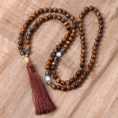 Renbeads Tibetan Tiger Eye Buddha Strength Power Beaded Tassel Pendant Necklace