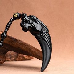 Natural Black Jade Chinese Zodiac Dragon Tooth Pattern Protection Necklace Pendant