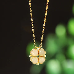 925 Sterling Silver Four Leaf Clover White Jade Red Agate Necklace Pendant