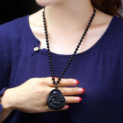 Laughing Buddha Black Obsidian Pendant Necklace for Strength and Protection