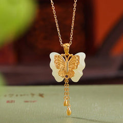 925 Sterling Silver Plated Gold White Jade Butterfly Blessing Necklace Pendant
