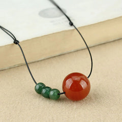 Red Agate, Green Aventurine, and Green Bodhi Seed Bead Leather Rope Necklace Pendant
