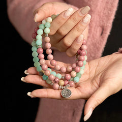 Renbeads 108 Mala Beads Rhodonite Amazonite Lotus Healing Bracelet