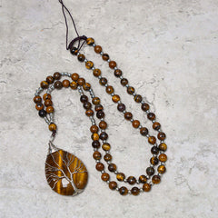 Natural Tiger Eye Beaded Pendant Necklace