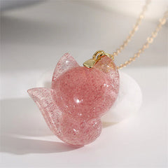 14k Gold Plated 925 Sterling Silver Strawberry Quartz Fox Healing Necklace Pendant
