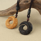 Ebony Wood Sandalwood Good Luck Design Pattern Peace Necklace Pendant