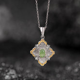 925 Sterling Silver Plated Gold Cyan Jade Rhombus Design Luck Healing Necklace Pendant