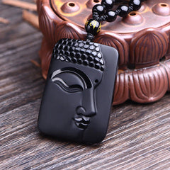 Natural Black Obsidian Buddha Prayer Purification Luck Pendant Necklace