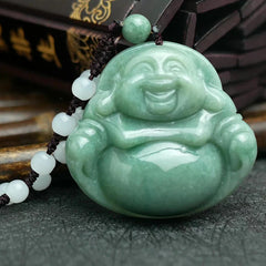 Renbeads Laughing Buddha Cyan Jade Harmony Necklace String Bead Pendant