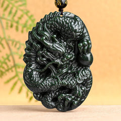 Hetian Cyan Jade Dragon Success Harmony Beaded Necklace Pendant