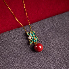 925 Sterling Silver Plated Gold Cinnabar Pearl Flower Jewelry Set