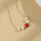 925 Sterling Silver Pearl Cinnabar Healing Bead Chain Necklace Pendant