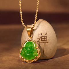 18K Gold Filled Laughing Buddha Jade Luck Necklace Pendant