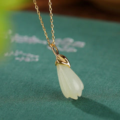 925 Sterling Silver Plated Gold Natural Hetian Jade Magnolia Flower Abundance Necklace Pendant