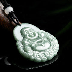 Laughing Buddha Natural Jade Copper Coin Abundance Necklace Pendant