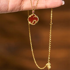 925 Sterling Silver Four Red Agate Black Onyx Leaf Clover Zodiac Blessing Necklace Pendant