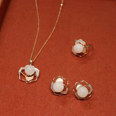 925 Sterling Silver Plated Gold Posts White Jade Tridacna Stone Camellia Flower Luck Necklace Pendant Ring Earrings