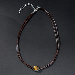 Natural Tiger Eye Ellipse Protection Wax Rope Necklace Pendant