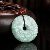 Round Jade Peace Buckle Peony Flower Abundance Necklace Pendant