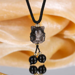 Natural Silver Sheen Obsidian Nine-Tailed Fox Protection Necklace Pendant