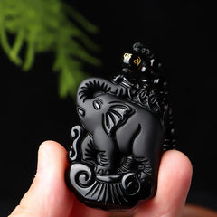 Black Obsidian Elephant Protection Necklace Pendant Keychain