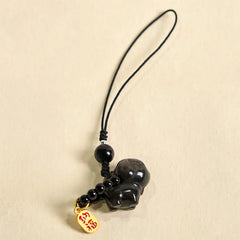 Silver Sheen Obsidian Puppy Dog and Fu Character Protection Necklace and Phone Hanging Decoration