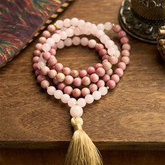108 Mala Beads Rhodonite Rose Quartz Tassel Healing Bracelet