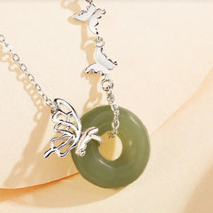 925 Sterling Silver Natural Jade Peace Buckle Butterfly Luck Prosperity Bracelet Necklace Pendant