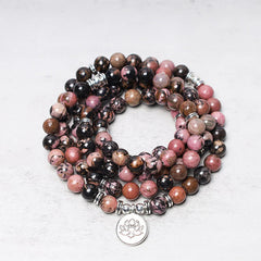 Renbeads 108 Mala Beads Rhodonite Lotus Compassion Energy Bracelet
