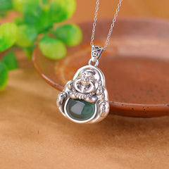 999 Sterling Silver Laughing Buddha Cyan Jade Lotus Necklace Pendant