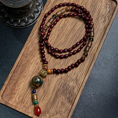 Tibetan Handmade Wenge Wood Protection Dzi Bead Elephant Head Necklace Pendant