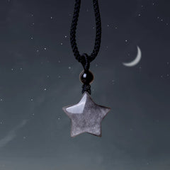 Natural Silver Sheen Obsidian Star Crescent Moon Protection Necklace Pendant