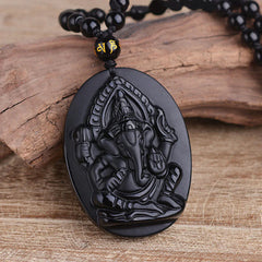 Tibetan Obsidian Elephant Wealth Amulet Necklace