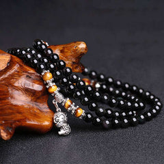 108 Beads Black Obsidian Tiger Eye Zodiac Fortune Mala Bracelet