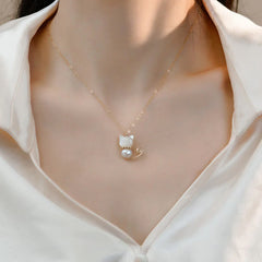 14K Gold Plated Pearl Jade Shell Lucky Cat Necklace Pendant