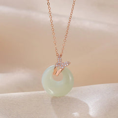 925 Sterling Silver Natural Hetian Jade Zircon Butterfly Luck Necklace Pendant