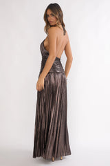 Ahmara Drop Waist Accordion Pleat Maxi Dress Gunmetal