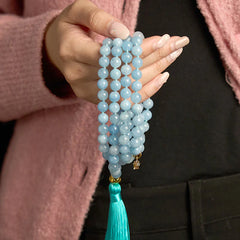 108 Mala Beads Natural Aquamarine Stone Tassel Lotus Healing Bracelet